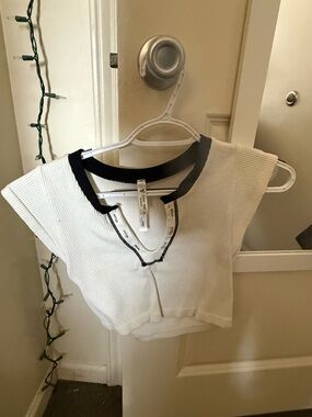 Love Tree White Cropped Ribbed Tank with Black Trim